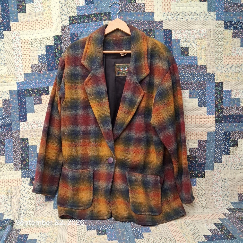 80s Vintage Express French Country Plaid Wool Coat Womens L Oversized Blazer